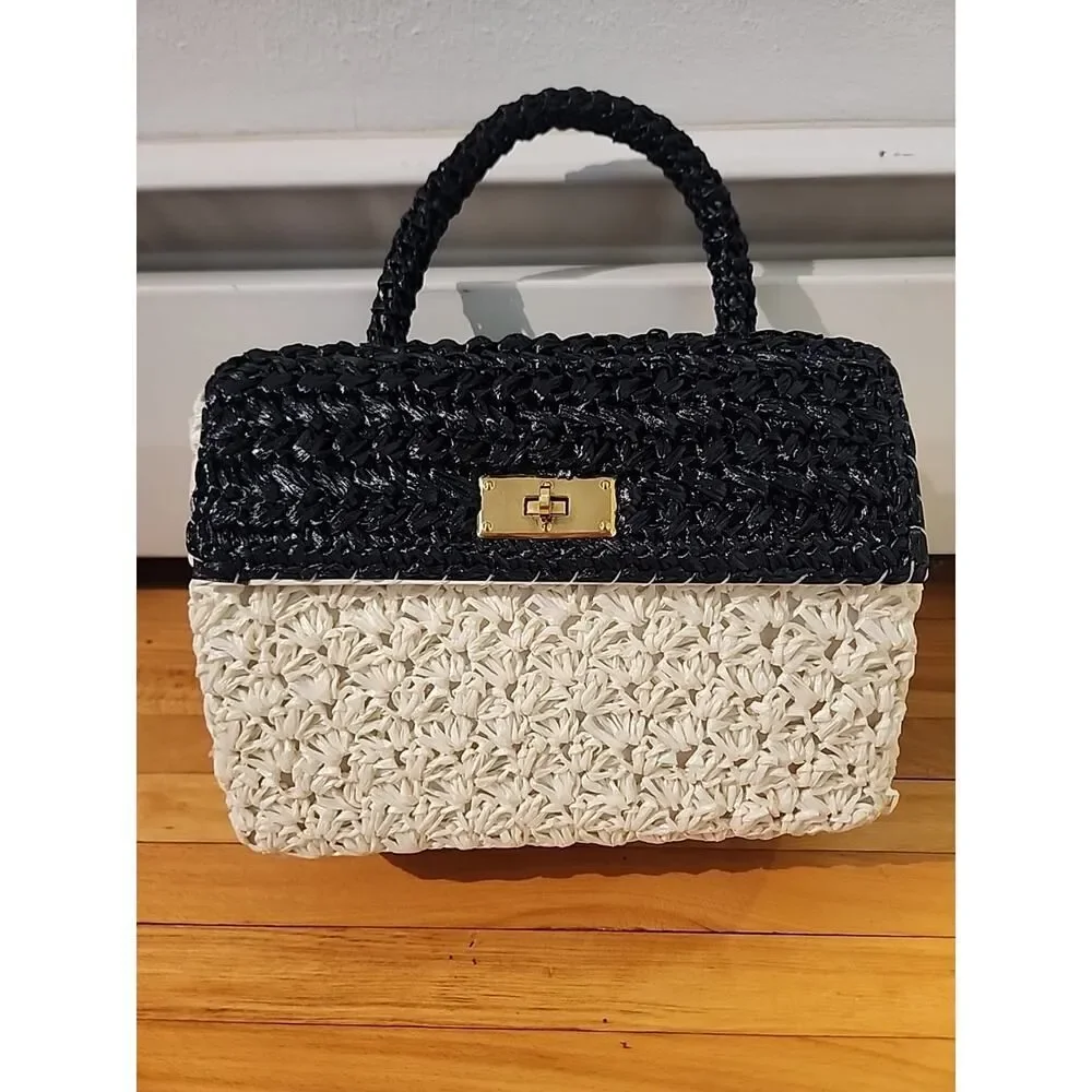READVintage Woven Straw Clutch Bag Purse Black White Raffia Simon Made In Japan